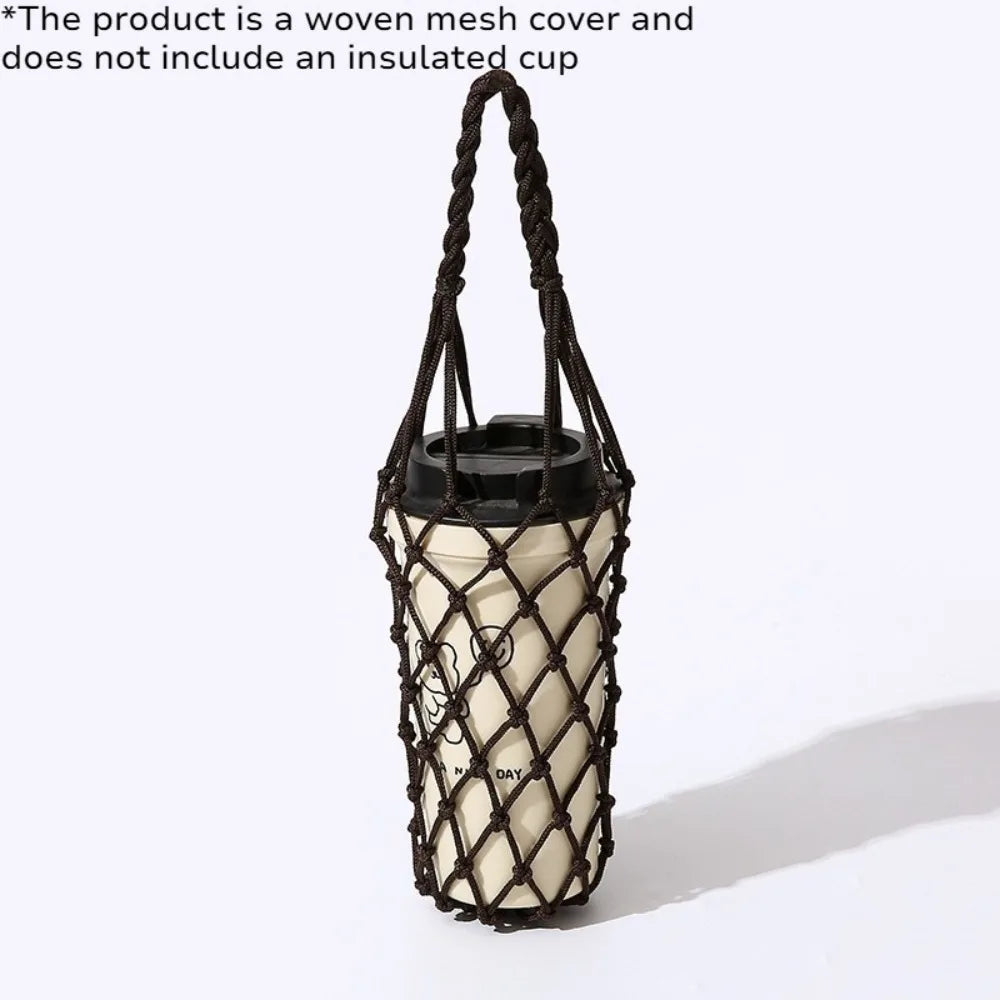 Hand Woven Water Bottle Mesh Bag Cotton Rope Cup Cover Portable Hanging Holder for Outdoor Travel Kitchen Drinkware Accessories