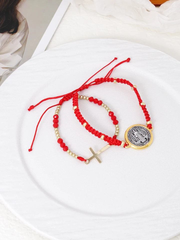 2pcs Fashion Cross Design Red Hand woven Rope Adjustable Women's Bracelet Party Banquet Jewelry