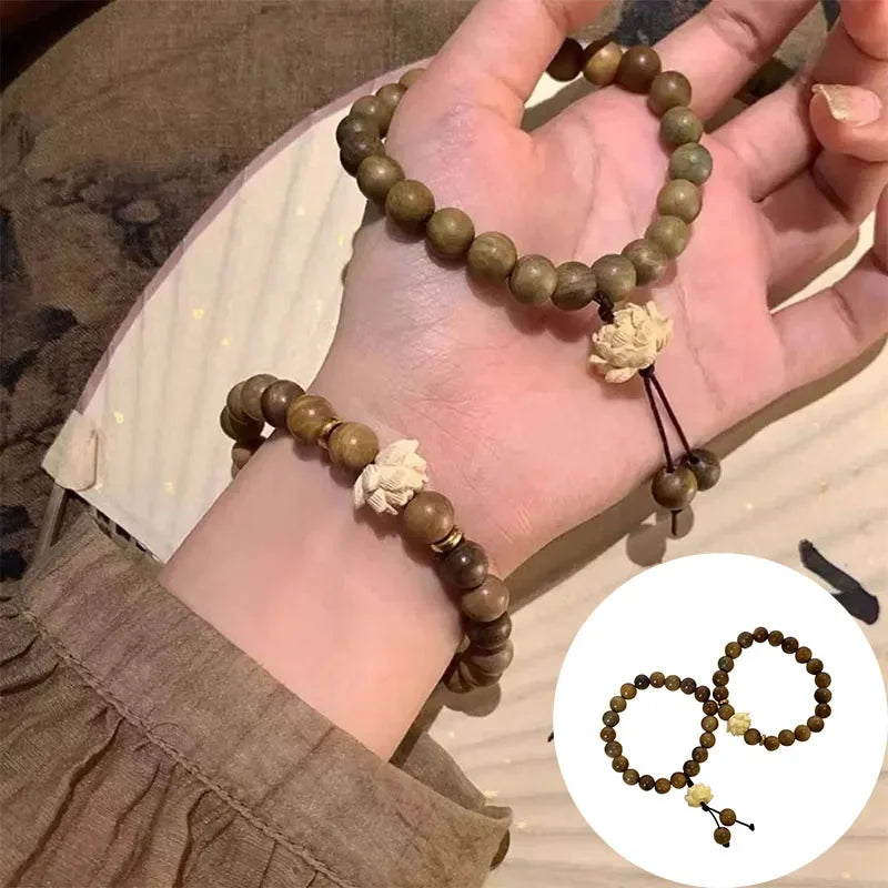 Fashion Elastic Flower Bracelet Hand Woven Rosary Wood Bead Bracelet Natural Sandalwood Lucky Bracelet Luxury For Women