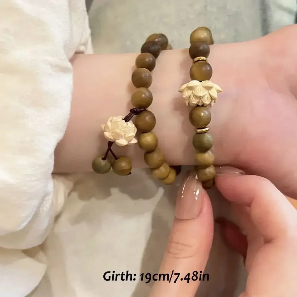 Fashion Elastic Flower Bracelet Hand Woven Rosary Wood Bead Bracelet Natural Sandalwood Lucky Bracelet Luxury For Women