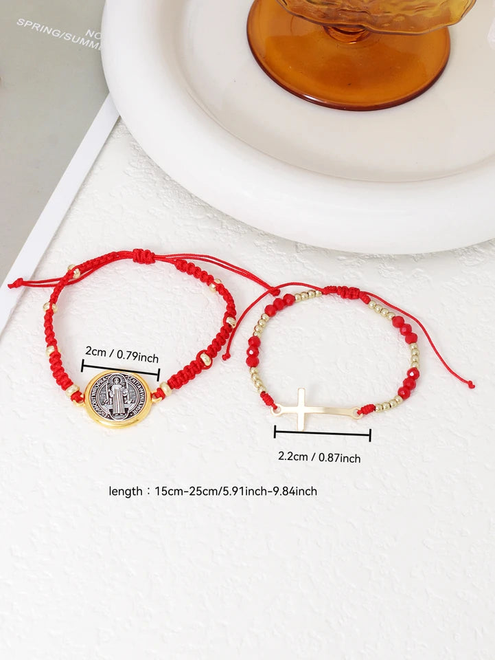 2pcs Fashion Cross Design Red Hand woven Rope Adjustable Women's Bracelet Party Banquet Jewelry