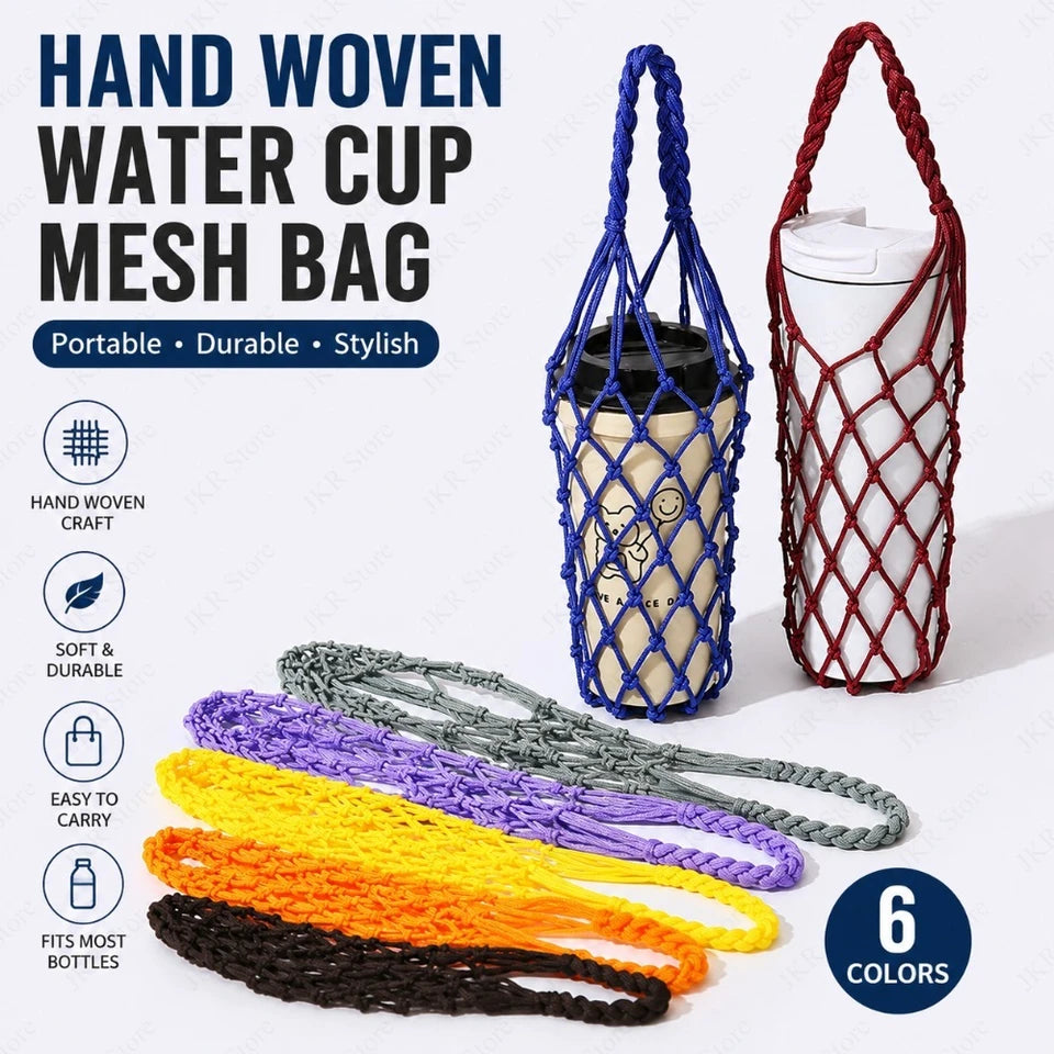 Hand Woven Water Bottle Mesh Bag Cotton Rope Cup Cover Portable Hanging Holder for Outdoor Travel Kitchen Drinkware Accessories