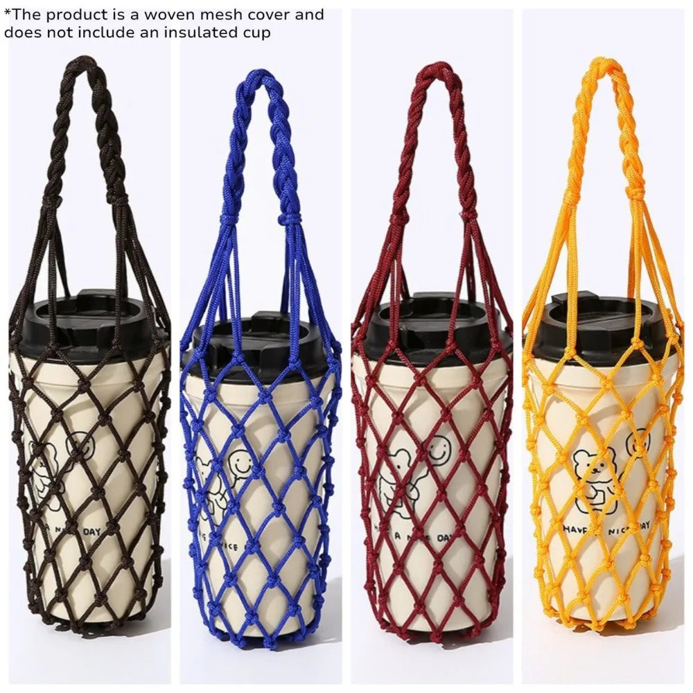 Hand Woven Water Bottle Mesh Bag Cotton Rope Cup Cover Portable Hanging Holder for Outdoor Travel Kitchen Drinkware Accessories