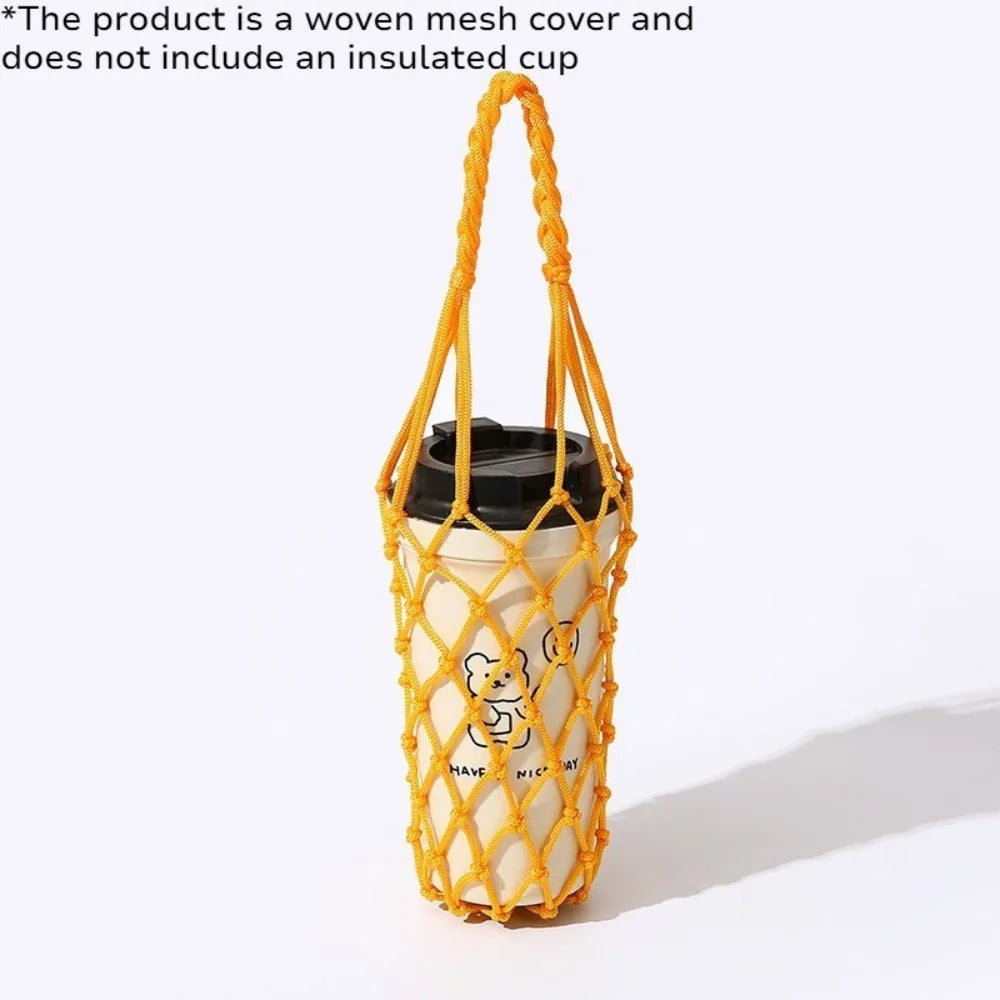 Hand Woven Water Bottle Mesh Bag Cotton Rope Cup Cover Portable Hanging Holder for Outdoor Travel Kitchen Drinkware Accessories