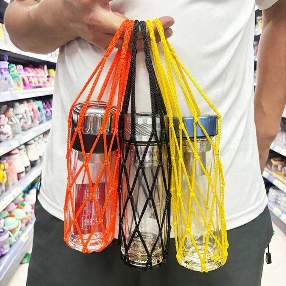 Hand Woven Water Bottle Mesh Bag Cotton Rope Cup Cover Portable Hanging Holder for Outdoor Travel Kitchen Drinkware Accessories
