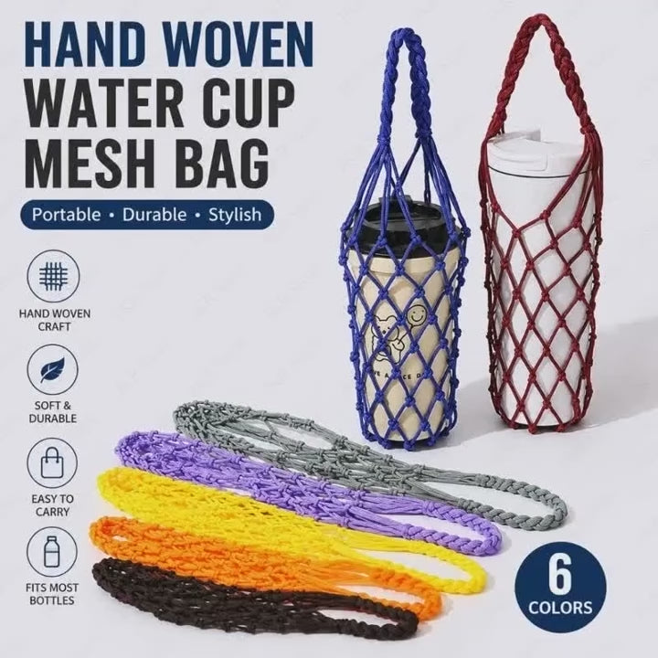 Hand Woven Water Bottle Mesh Bag Cotton Rope Cup Cover Portable Hanging Holder for Outdoor Travel Kitchen Drinkware Accessories